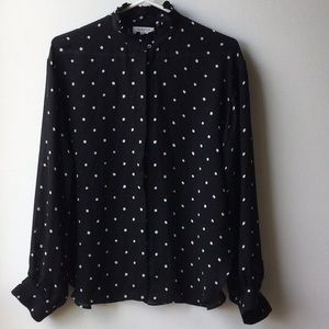 Babaton Black & White Polka Dot Ruffle Semi Sheer Garamond Blouse